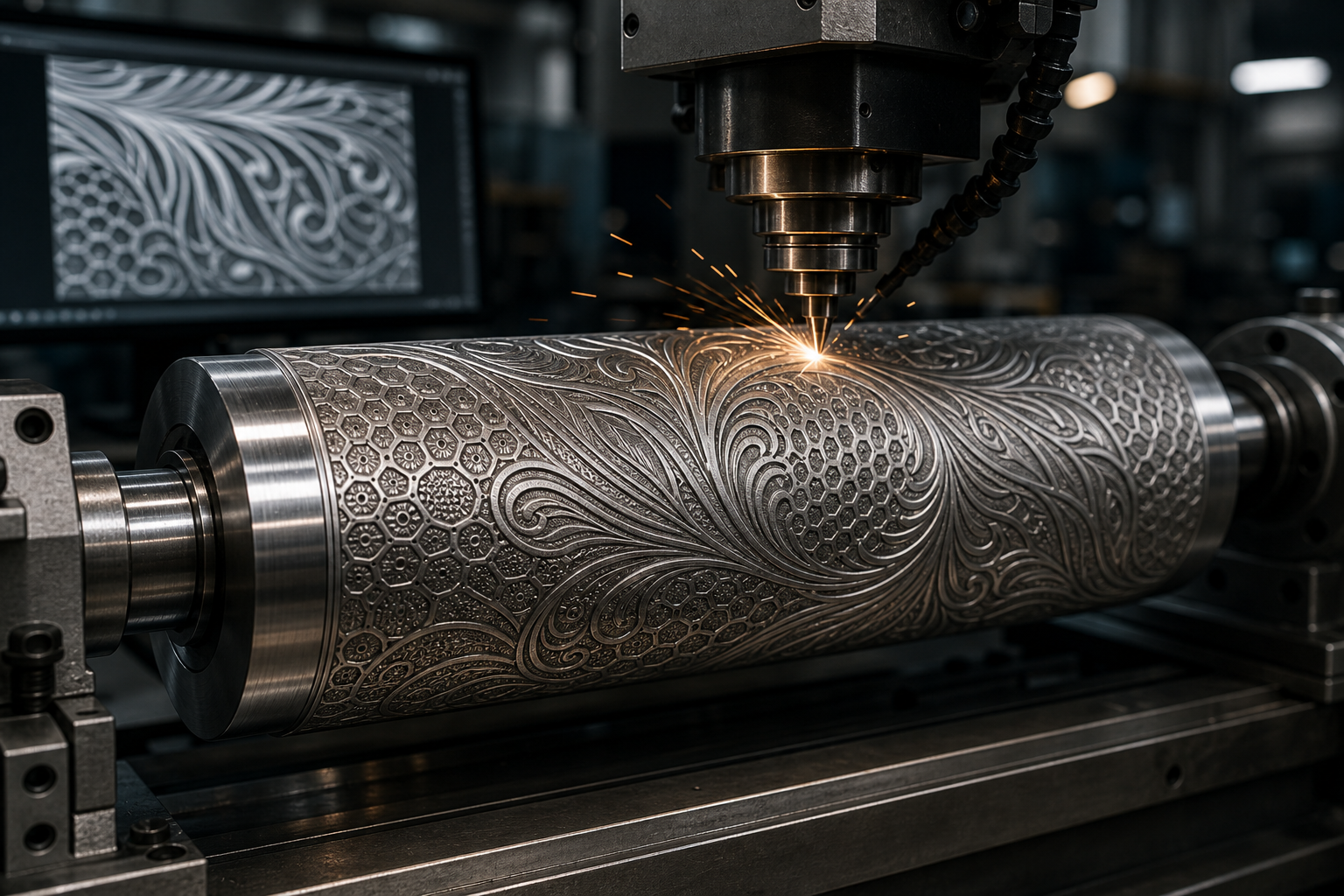 Custom design embossing roll being CNC engraved
